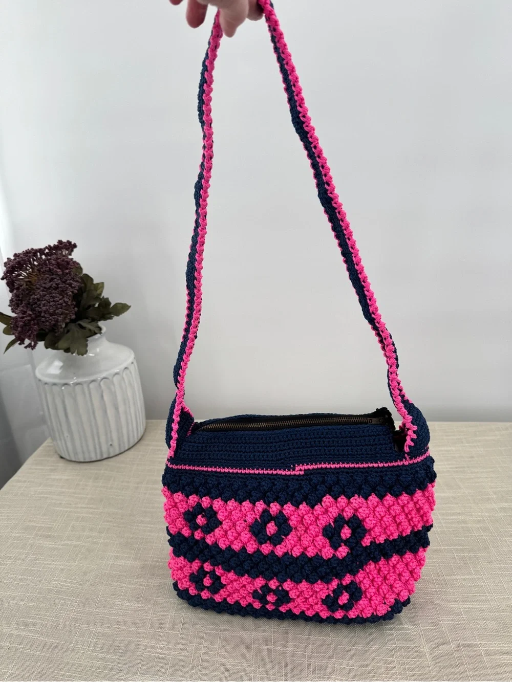 Vintage Knitility Crochet Shoulder Bag Hot Pink Navy Structured Purse
